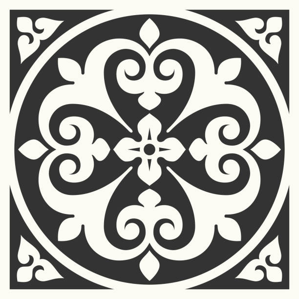 ilustrações, clipart, desenhos animados e ícones de piso português azulejo design azulejo, padrão mediterrâneo preto e branco - tessellated