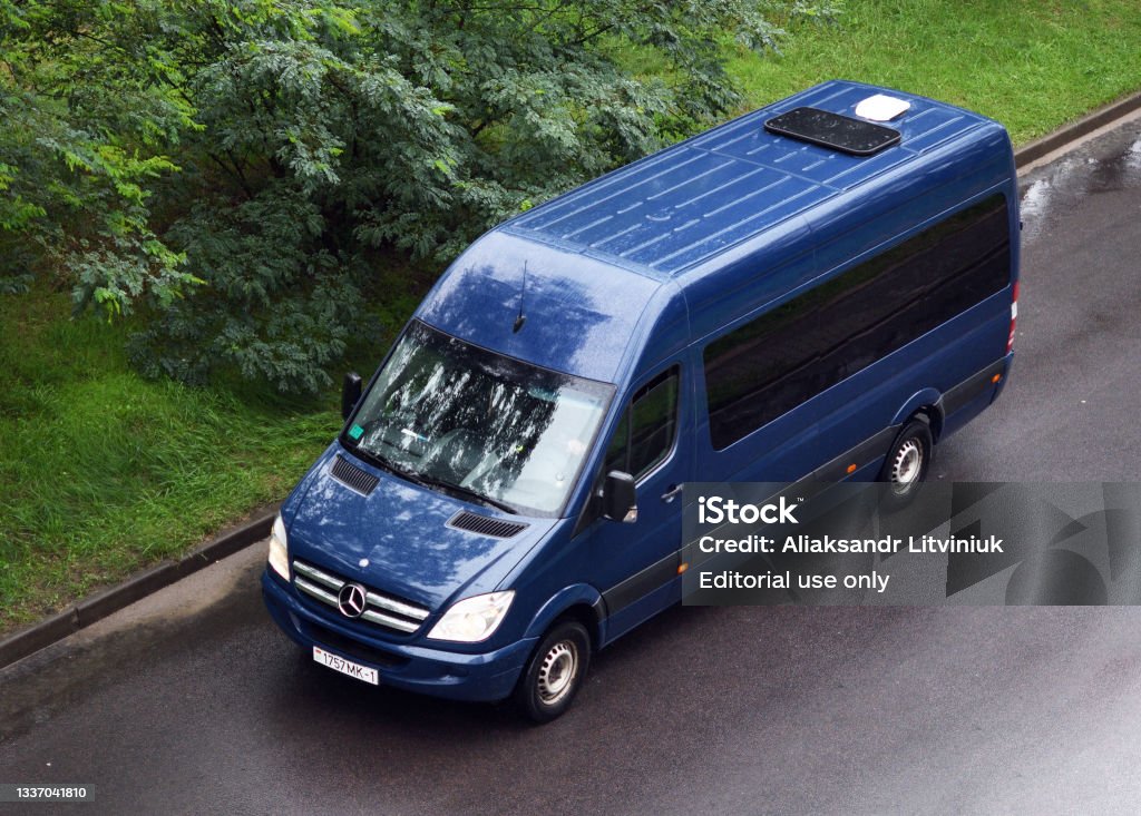 Blue passenger Mercedes-Benz Sprinter in Minsk. This model is the most popular minibus in Europe. Minsk, Belarus - 29.08.2021:Blue passenger Mercedes-Benz Sprinter in Minsk. This model is the most popular minibus in Europe. Mercedes-Benz Sprinter Stock Photo