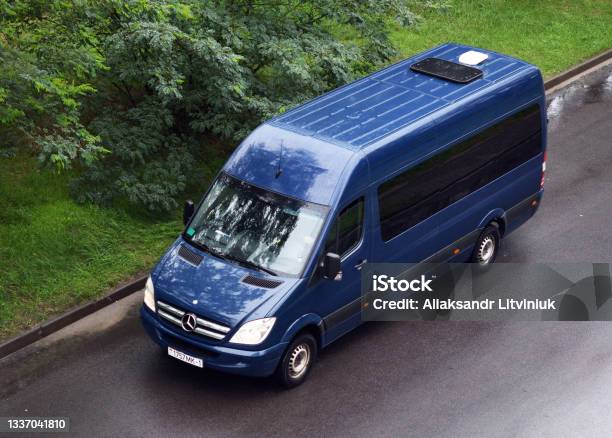Blue Passenger Mercedesbenz Sprinter In Minsk This Model Is The Most Popular Minibus In Europe Stock Photo - Download Image Now