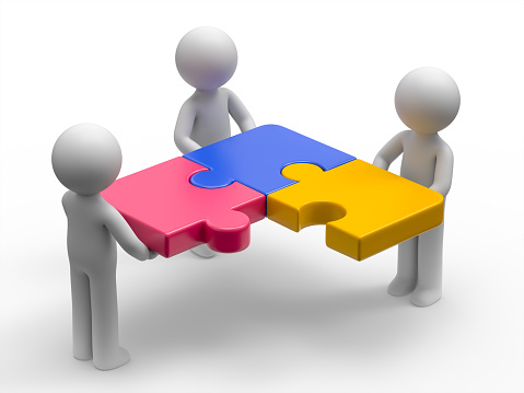 3D rendering illustration. 3D rendering illustration. Businesspeople holds puzzles, help, support, solving problems and ready to work together as a team concept