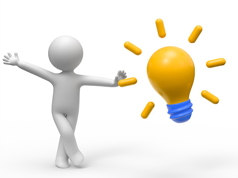 3D Character showing a bright idea lightbulb.