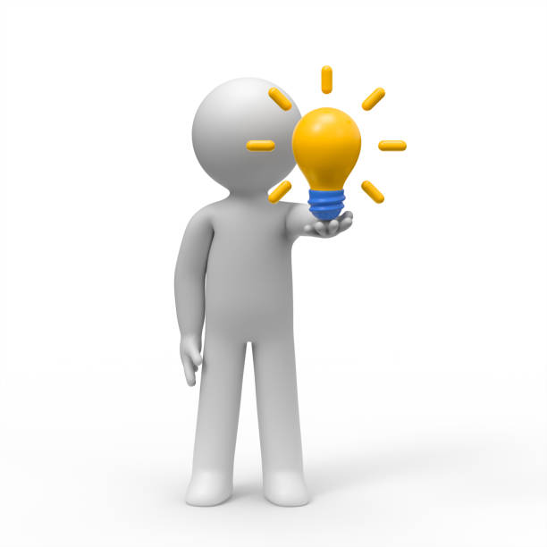 istock 3D Character holding glowing bright yellow light bulb in his hand. 1337045335