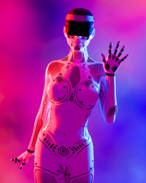 istock Woman robot in virtual reality glasses. 1337048736