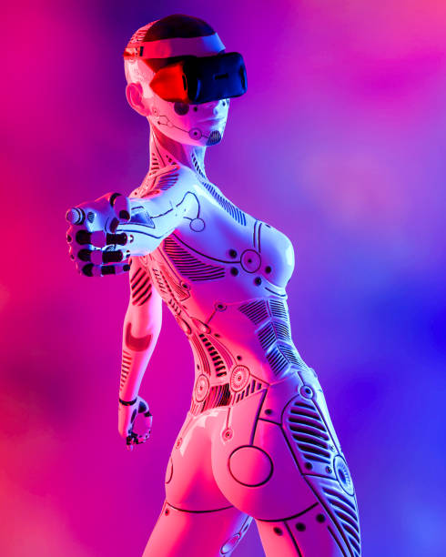 istock Woman robot in virtual reality glasses. 1337048770