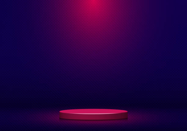 istock 3d realistic pink round shape pedestal with spotlight on blue studio room background 1337049144