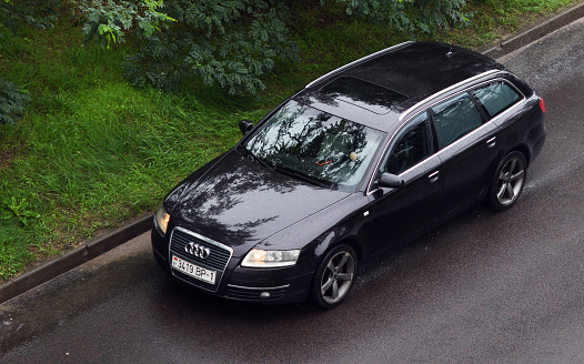 Minsk, Belarus-29.08.2021:Black Audi A4 2.0 l., Station wagon. 2008 release.