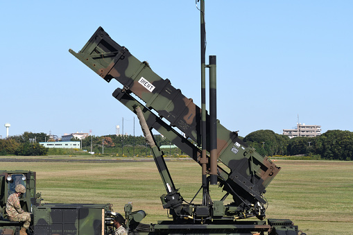 Kanagawa, Japan - October 25, 2020:United States Army Raytheon MIM-104 Patriot mobile surface-to-air missile launcher.