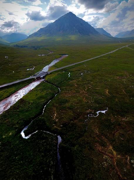 Bauchaille Etive Mor and the A82 Bauchaille Etive Mor and the A82 from the air, Scottish Highlands glen etive photos stock pictures, royalty-free photos & images