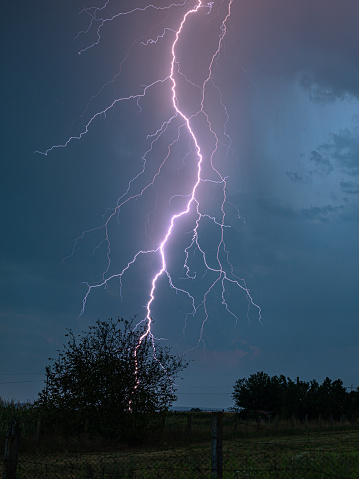 Dramatic image of a nearby lightning strike in a rural landscape.