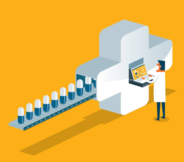 Pharmaceutical industry Pills are illustrated on conveyor belts in this conceptual illustration of the pharmaceutical, or "pharma", industry, while factory workers, a forklift, industrial robotic arms, and other details. pharmaceutical manufacturing machine stock illustrations