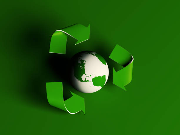 Green-colored world map and recycling symbol. On green-colored background. Horizontal composition with copy space. Isolated with clipping path.