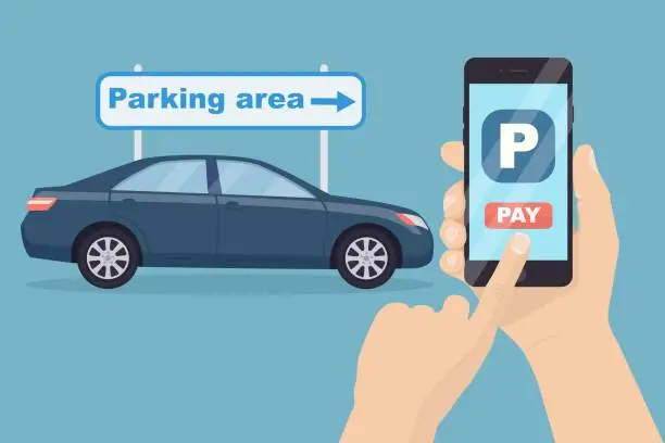 Vector illustration of Payment for parking by mobile phone app. Using online banking on smartphone. Vector design