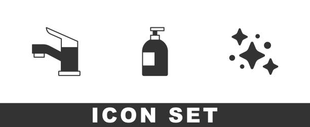 Set Water tap, Dishwashing liquid bottle and Home cleaning service icon. Vector Set Water tap, Dishwashing liquid bottle and Home cleaning service icon. Vector. water sanitation worker washing faucet stock illustrations