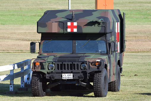 Kanagawa, Japan - October 25, 2020:United States Army AM General HMMWV (High Mobility Multipurpose Wheeled Vehicle) M997 Maxi-ambulance.