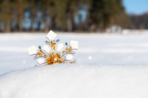 Close-up view of white and golden snowflake made from epoxy resins lying outdoor on white snow. Selective focus. Blurred pine trees in the background. Winter weather forecast theme.