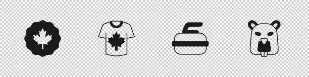 Vector illustration of Set Canadian maple leaf, Hockey jersey, Stone for curling and Beaver animal icon. Vector