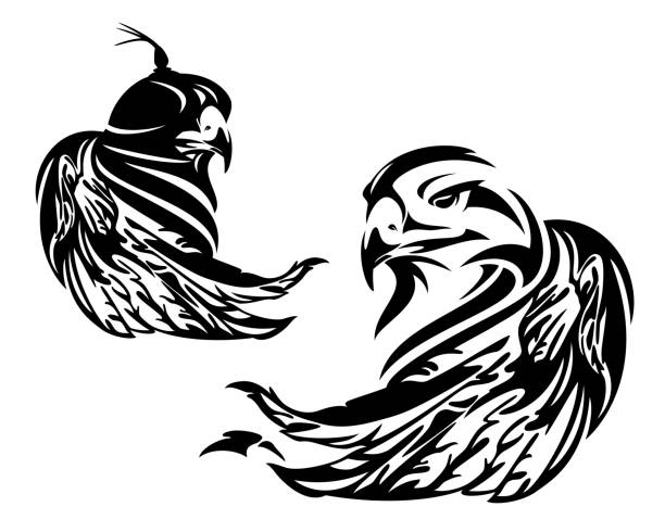 wild eagle head and wing and hunting falcon bird wearing hood black vector portrait falcon wearing hood cover and wild eagle  - hunting bird black and white vector head and wing portrait saker stock illustrations