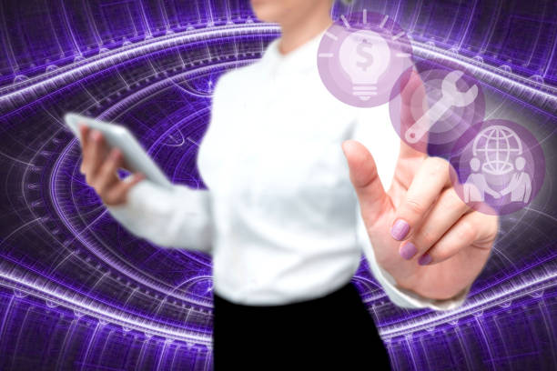 istock Lady In Uniform Side Standing Holding Tablet In Hand Pressing Virtual Globe Button. Bussiness Woman Carrying Tab Poining For New Futuristic Technologies. 1337061136