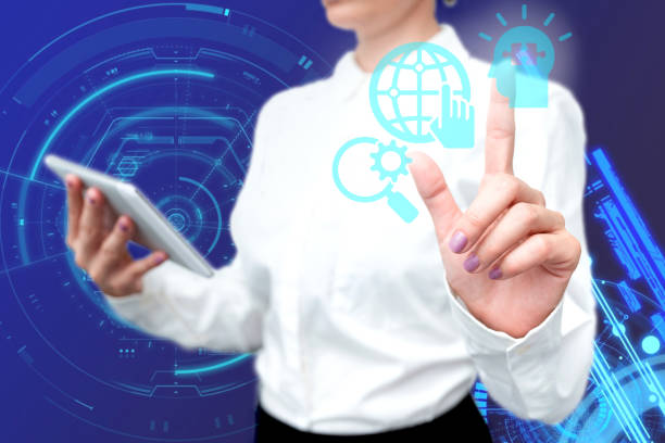 istock Lady In Uniform Side Standing Holding Tablet In Hand Pressing Virtual Globe Button. Bussiness Woman Carrying Tab Poining For New Futuristic Technologies. 1337061154