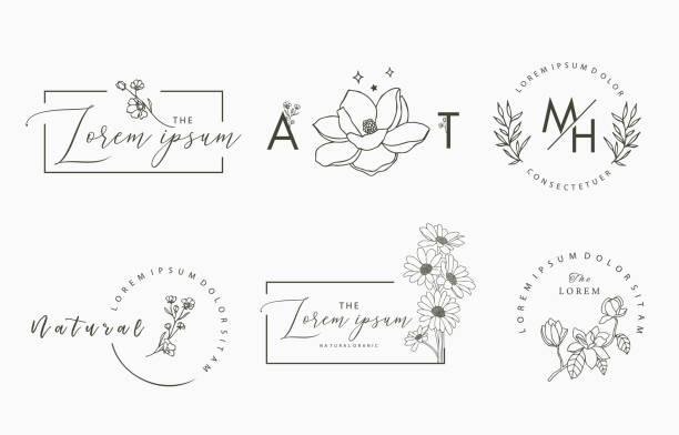 linienobjektsammlung mit hand, magnolie, rose, lavendel, blatt, blume, sonnenblume - magnolien stock-grafiken, -clipart, -cartoons und -symbole