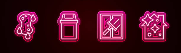 istock Set line Sponge, Trash can, Rubber cleaner for windows and Home cleaning service. Glowing neon icon. Vector 1337063124