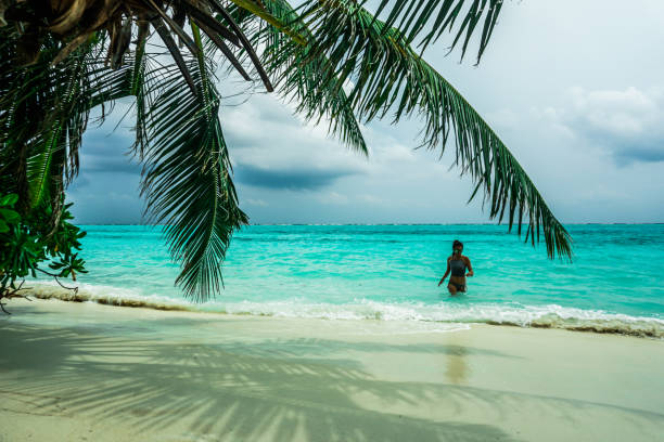 Beautiful laughing blond woman with bikini at a palm tree on the sandy beach