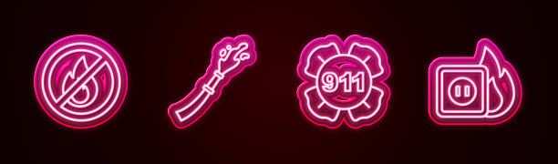 istock Set line No fire, Fire hose reel, Emergency call 911 and Electric wiring of socket in. Glowing neon icon. Vector 1337065410