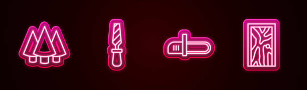 istock Set line Christmas tree, Rasp metal file, Chainsaw and Closed door. Glowing neon icon. Vector 1337065641