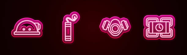 istock Set line Miner helmet, Dynamite, Gas mask and . Glowing neon icon. Vector 1337065899