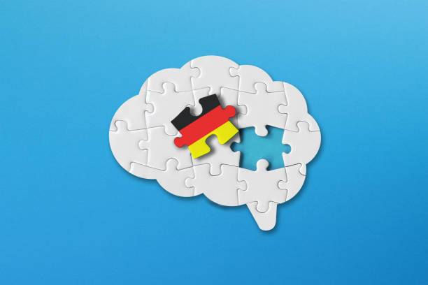 istock German learning concept, white jigsaw puzzle pieces with germany flag a human brain shape on blue background 1337067174