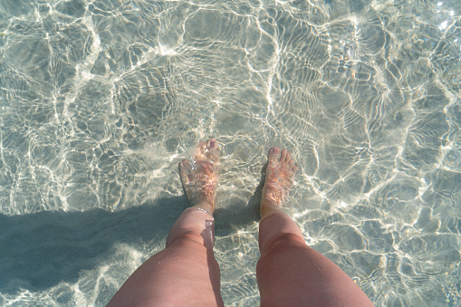 Close up of woman's legs standing in the sea