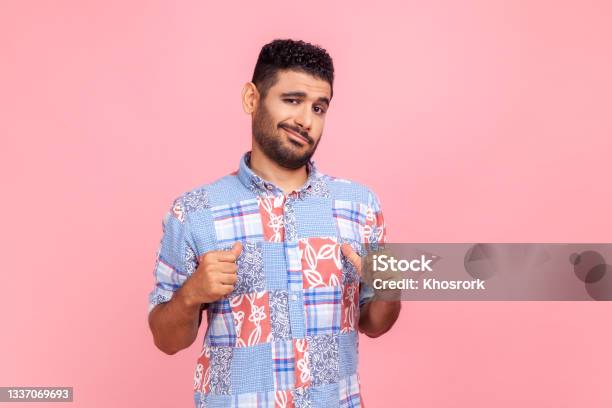 This Is Me Portrait Of Egoistic Arrogant Selfish Man With Beard In Blue Shirt Pointing Himself Boasting Successful Achievement Feeling Proud Stock Photo - Download Image Now