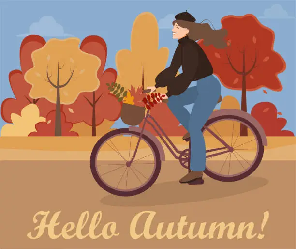 Vector illustration of Cute girl rides a bike. Background landscape with autumn forest