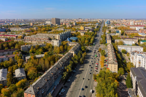 Bird eye view on Respubliki street. Tyumen. Russia Tyumen, Russia - September 27, 2016: Aerial view on city quarters Respubliki street western siberia stock pictures, royalty-free photos & images