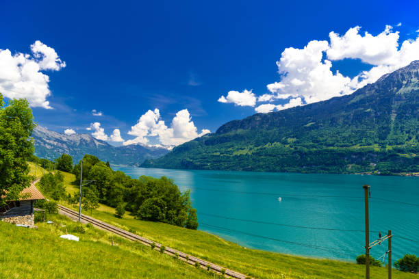 투명 한 푸른 호수 브리엔즈, oberried am brienzersee, 인터라켄 - 오버하슬리, 베른, 스위스 - oberhasli 뉴스 사진 이미지