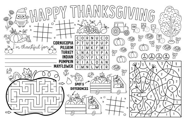 Vector Thanksgiving placemat for kids. Fall holiday printable activity mat with maze, tic tac toe charts, connect the dots, find difference. Black and white autumn play mat or coloring page Vector Thanksgiving placemat for kids. Fall holiday printable activity mat with maze, tic tac toe charts, connect the dots, find difference. Black and white autumn play mat or coloring page autumn coloring pages stock illustrations