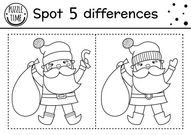 ilustrações de stock, clip art, desenhos animados e ícones de christmas find differences and color game for children. winter educational activity with funny santa claus. printable worksheet for kids. cute new year coloring page with father frost - santas sack