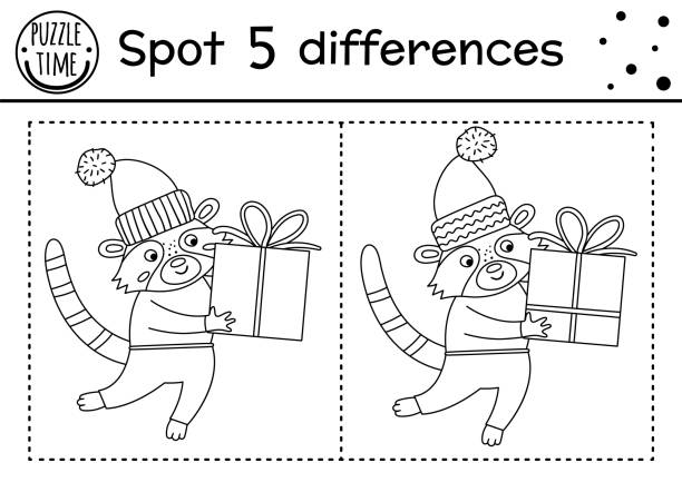 illustrations, cliparts, dessins animés et icônes de noël trouver des différences et jeu de couleur pour les enfants. activité éducative hivernale avec drôle de raton laveur et présent. feuille de calcul imprimable pour les enfants. joli coloriage du nouvel an avec animal et coffret cadeau - 5416