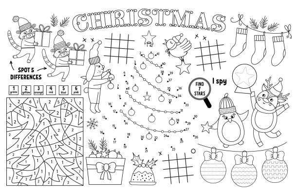 Vector Christmas placemat for kids. Winter holiday printable activity mat with maze, tic tac toe charts, connect the dots, find difference. Black and white New Year play mat or coloring page Vector Christmas placemat for kids. Winter holiday printable activity mat with maze, tic tac toe charts, connect the dots, find difference. Black and white New Year play mat or coloring page colouring book stock illustrations