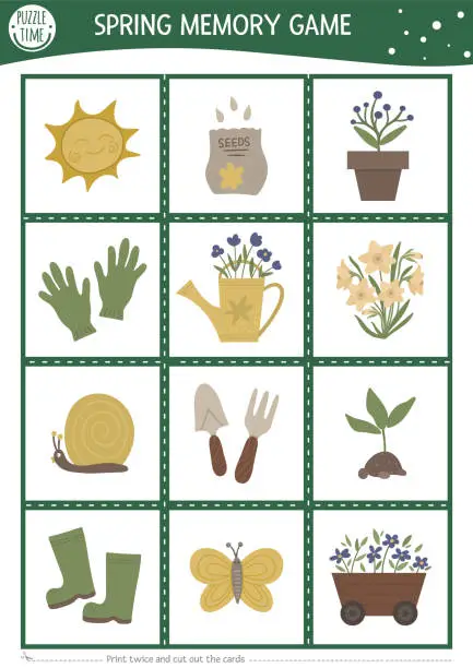 Vector illustration of Vector spring garden memory game cards with cute tools, baby plants. Farm matching activity. Remember and find correct card. Simple printable worksheet for kids with flowers