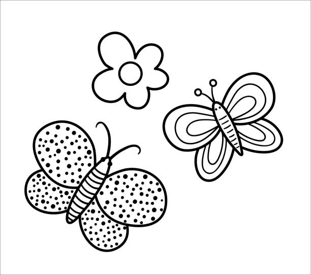 Vector black and white butterflies and flower illustration. Cute spring or summer line icon. Coloring page for kids with insect and plant Vector black and white butterflies and flower illustration. Cute spring or summer line icon. Coloring page for kids with insect and plant simple butterfly outline pictures stock illustrations