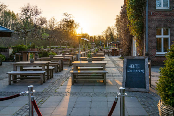 Ratingen, Germany - April 06, 2020: Restaurant and beer garden 'liebevoll', with a sign 'Heute Geschlossen' (German for 'Closed today'), during lockdown