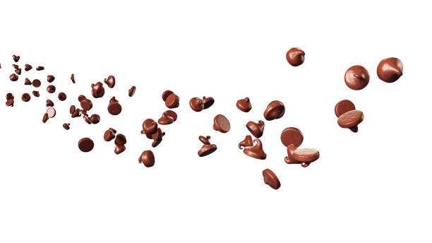 Delicious dark chocolate chips flowing in the air Delicious dark chocolate chips flowing in the air on isolated white background. Copy space 3d rendering 3d illustration sliver stock pictures, royalty-free photos & images