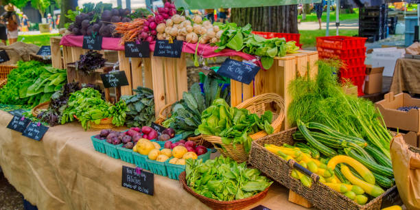 stand di prodotti del mercato contadino - leaf vegetable vegetable market agricultural fair foto e immagini stock