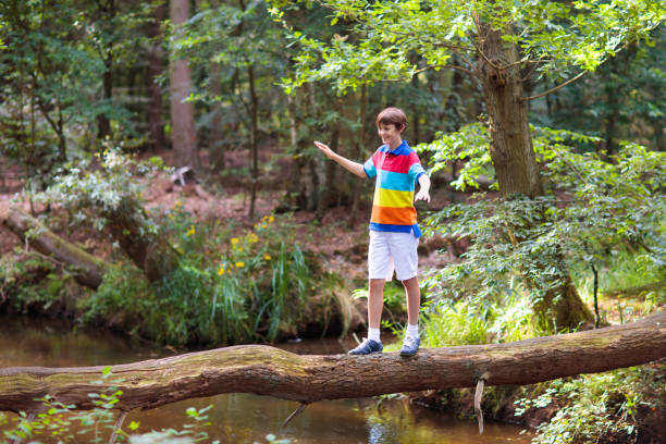 istock Child hiking in mountains. Kids at river shore. 1337079113