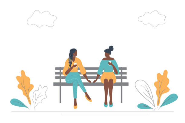 Young black women drink coffee on a bench in a park Young black women drink coffee on a bench in a park. They are chatting with each other. There are also plants and clouds in the picture. Flat style. Vector illustration park bench vector stock illustrations