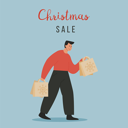 A Christmas character rushing with shopping bags. Young man carrying shopping bags with purchases. Guy taking part in seasonal Xmas sale, Black friday. Cartoon character isolated, vector illustration.