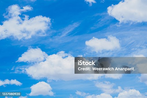 istock Fluffy clouds and clear blue sky background in summer 1337080920