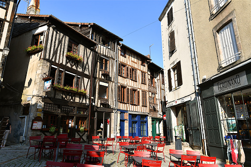 Limoges, France-08 24 2021:Half timbered houses in the medieval street of the Boucherie in the old town of Limoges, France