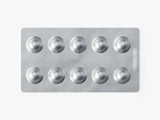 Closeup of blister pack isolated on white Closeup of pharmaceutical metallic blister pack with ten pills isolated on white. Photorealistic 3d illustration tablets blister stock pictures, royalty-free photos & images